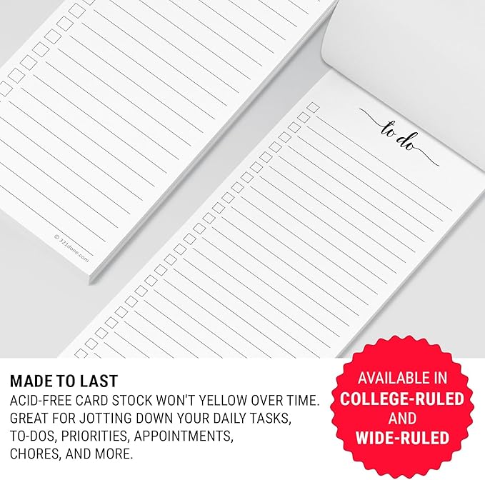 321Done 2-Pack Skinny To Do List Notepad, Made in USA - 3.7x8.5, College Ruled, Simple Stylish To-Dos Memo Pad for Planning, Tasks, Appointments, Reminders, Home, Office - 50 Sheets per Pad