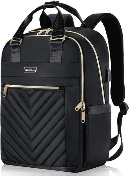 Black Backpack for Women, School Backpack for Teen Girls, 17.3Inch Quilted Backpack Purse with USB Port, Work Business Teacher Student Computer Bag, College Bookbags Casual Daypacks, Black
