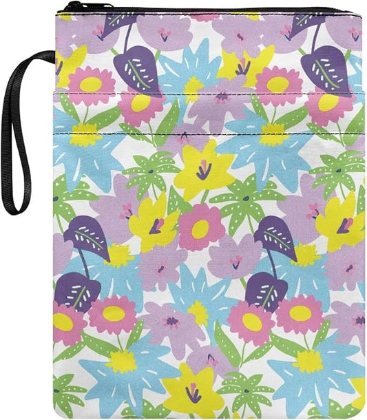 COEQINE Floral Book Sleeve with Zipper Washable Chain Portable Book Case Pouch for Paperbacks Book Covers for Soft Cover Books