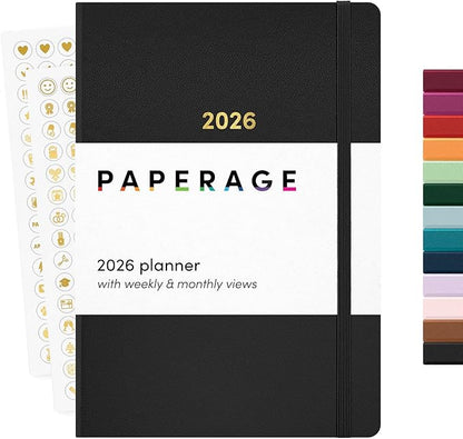 PAPERAGE 2026 Weekly & Monthly Planner, 12 Months (January 2026 - December 2026), 5.6 in x 8 in, Hardcover 2026 Planner with Weekly & Monthly Spreads, Note Pages, Stickers & Back Pocket – Black