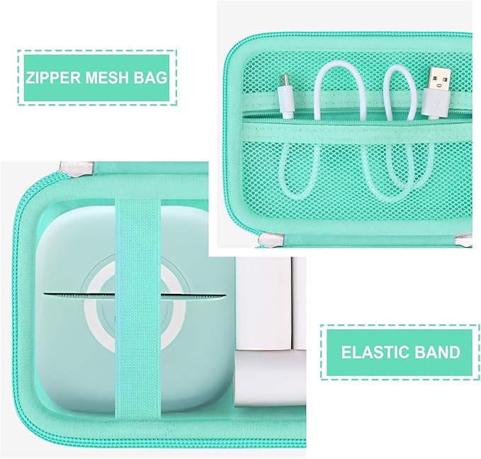 Hard Travel Case for Cabaro Mini Printer Sticker Thermal Printer, Bluetooth Portable Phone Printer Storage Holder Protection Case with Zipper Mesh Pocket fit Rolls Paper, Charging Cable, Green