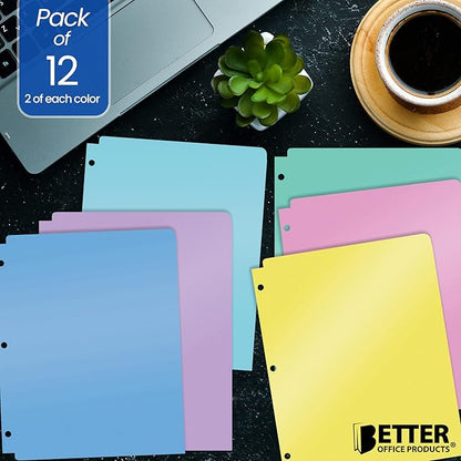 Better Office Products 3 Hole Punch Pocket Folders, Bulk Pack, Sturdy Plastic 2 Pocket Folders, Assorted Pastel Colors, Letter Size, with Business Card Slot,(12 Pack)