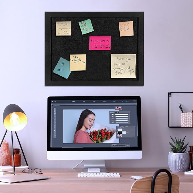 TORASO Cork Board Bulletin Board with Felt,Wood Framed Display Bulletin Board for Walls with Pins, Eye Bolts, gaskets, Screws, Pin Board for Office, School and Home(Black,1pc)