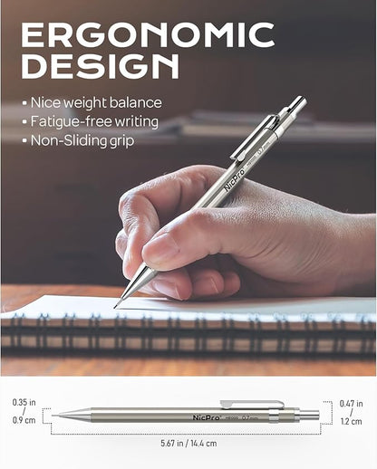 Nicpro 2 PCS 0.7 mm Metal Mechanical Pencils Set, Drafting Pencil for Artist Writing, Sketching, Drawing, with 4 Tubes HB Lead Refill & Erasers, Erasers Refills & Storage Case