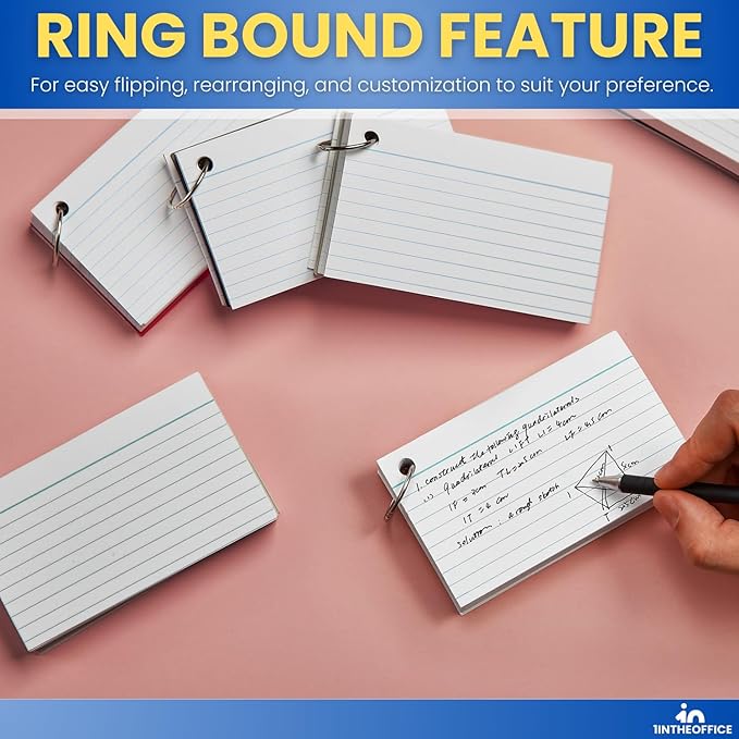1InTheOffice Index Cards with Ring 3x5, Flash Cards with Binder Ring, Single Hole Punched Notecards, 65 Cards, 3 Pack