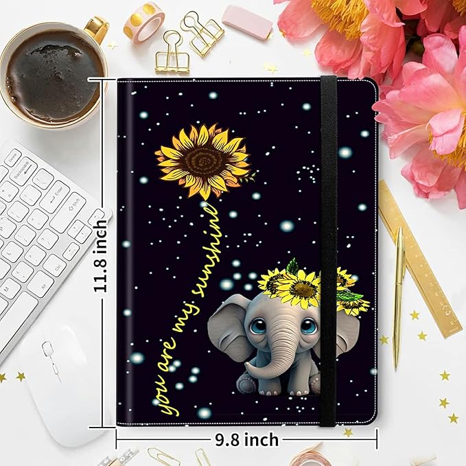 Padfolio Folder with Clipboard,Portfolios Organizer Clipboards with Storage Clipboard Writing Pad PU Leather Conference Document Organizer with Business Card Holder,Elephant Sunflower