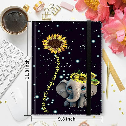 Padfolio Folder with Clipboard,Portfolios Organizer Clipboards with Storage Clipboard Writing Pad PU Leather Conference Document Organizer with Business Card Holder,Elephant Sunflower
