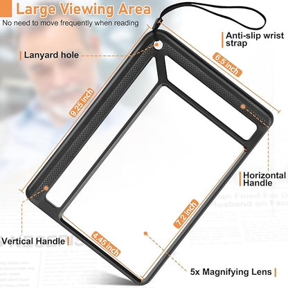 5X Full Page Magnifying Glass for Reading, Lightweight Rectangular Magnifier Provides Large Book Page Viewing Area, Upgraded Handheld Magnifier for Reading Small Prints for Seniors, Low Vision