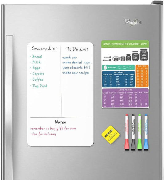 Magnetic Dry Erase Board: Small Fridge Whiteboard, Flexible Refrigerator Magnet White Board, Blank Writing Note Sheet with Kitchen Conversion Chart Magnet, 4 Markers & Eraser - 12 x 8