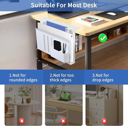 LUKETURE Desk Side Storage, Steel Side Desk Organizer, No Drill Laptop Holder, Clamp on Laptop Mount with Pen Holder, Table Hanging Storage for Home Office, Fits Flat Edge Tables 0.3" to 2.8"