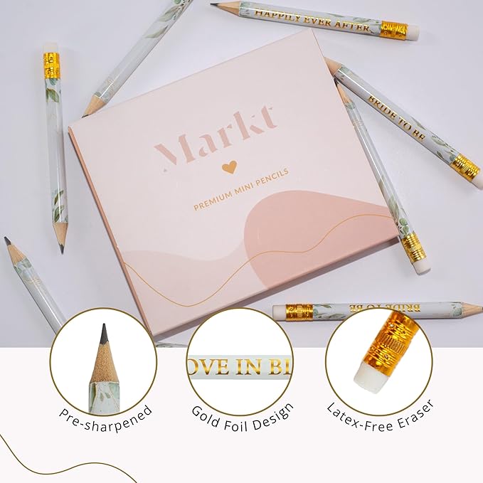 Markt Mini Pencils for Bridal Shower Games, Bridal Shower Pens, Small Pencil Set For Prizes, Game Winner Gifts, Golf Pencils With Erasers (Greenery, Eucalyptus)