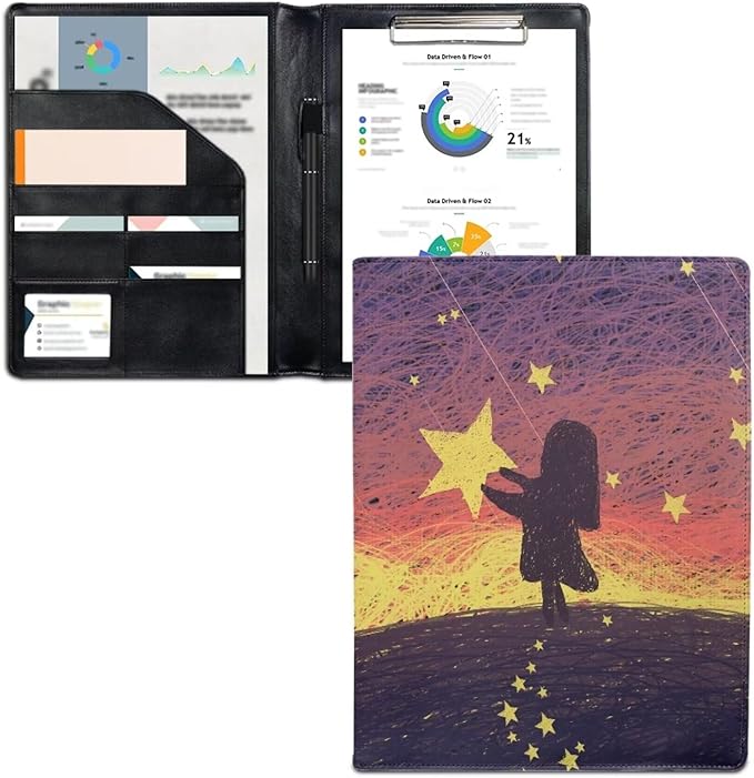 Cozeyat PU Leather Portfolio Professional Organizer Padfolio for Women Girls, Stars Girl Design Document Folio for Letter Size Writing Pad/Business Card Holder