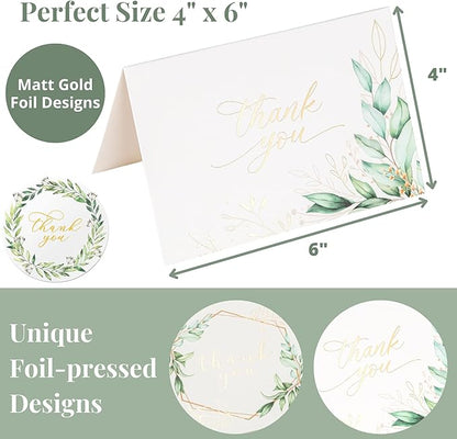 20 Eucalyptus Matt Gold Foil Greenery Thank You Cards with Envelopes & Stickers 4x6 Inch, Bulk Thank You Notes, Suitable for Business, Baby Shower, Wedding, Graduation, Bridal Shower, Funeral