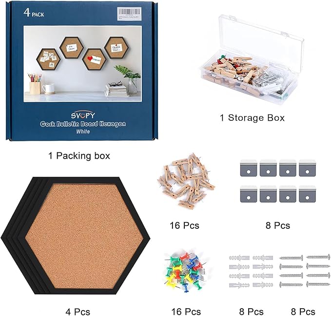 Cork Bulletin Board Hexagon Black, Small Framed Corkboard Tiles for Wall, Thick Decorative Display Boards for Home Office Decor, School Message Board with 16 Push Pin Wood Clips (4 Pack)