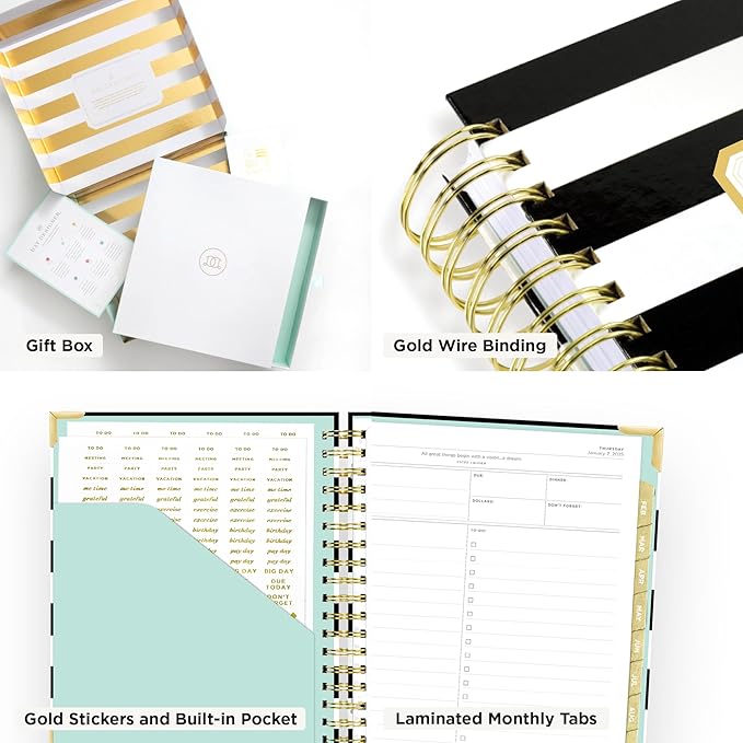 Day Designer 2025 Daily Planner – Premium Planner for Stylish Organization. Combines Monthly Calendar, Hourly Schedule, To-Do List, Gratitude, Goal Setting, Inspirational Quotes, Stickers & More. Elegant laminated Cover with Gold Accents (Black Stripe)