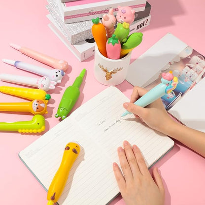 24 Pcs Cute Kawaii Pen Accessories For Girl Animal Fruit Shaped Stress Relief Supplies Gel Ink Pens with Replacement Refills for Kids Students School Office