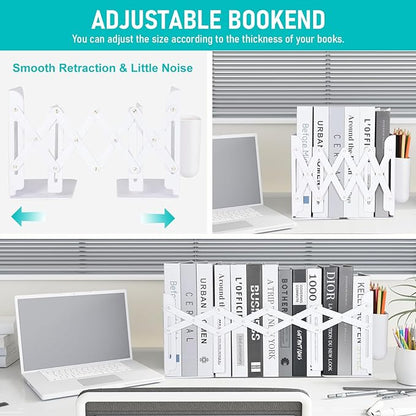 SAYEEC Adjustable Bookends with Pen Holder Expandable Book Ends for Heavy Books Plastic Desk Book Holder Stand Stopper Rack Magazine Binder Organizer for Shelves Bookcase Office School Home (White)