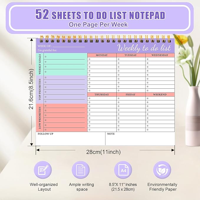 To Do List Notepad 52 Undated Pages, Weekly To Do List Notepad with Weekly Goals, 2 Packs Weekly Planner Notepad 8.5"×11", Task Planning Pad with PP Cover for Women Men to Track Task