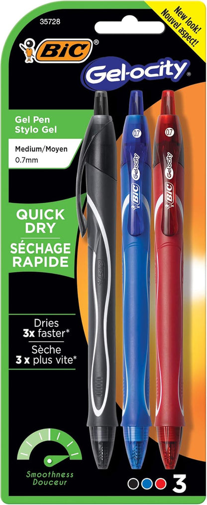 BIC Gel-Ocity Quick Dry Gel Pens, Medium Point Retractable Gel Pen (0.7mm), Assorted Colors, 3-Count