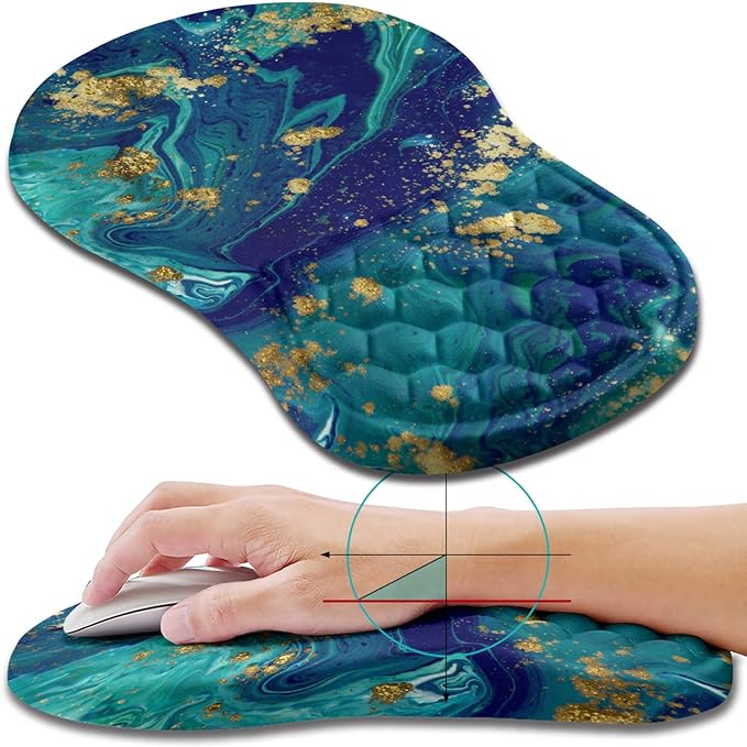 Hokafenle Ergonomic Mouse Pad Wrist Support, Wrist Rest Mousepad for Carpal Tunnel Pain Relief with Integrated Memory Foam Slope Massage Bulge (11.8x7.9 inch,Blue Gold