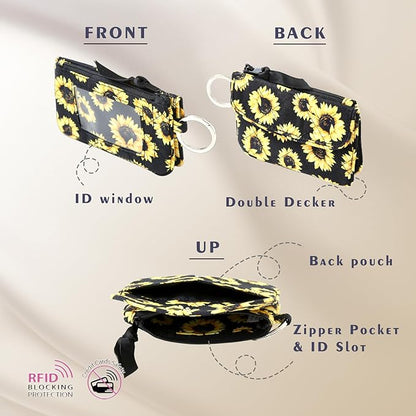 WONDERFUL FLOWER Card Holder, RFID Blocking, ID Holder with Lanyard for Women, Dual Pockets, Badge Holder, Lanyard Wallet, Fabric Keychain ID Pouch, Sunflowers
