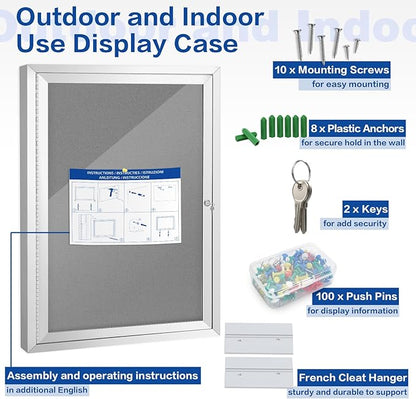 SWANCROWN Enclosed Bulletin Board Grey Felt Displays Boards Weather Resistant Wall Mounted Notice Case,28x20inches