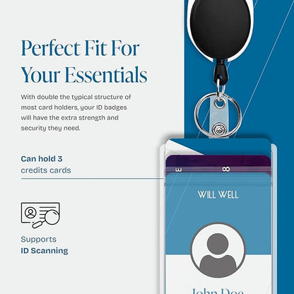 Will Well ID Badge Holders with Clip and Keyring - Vertical Clear Plastic 3.58" x 2.52" Sleeves Fit Up to 3 Cards - Retractable 24" UHMWPE Fiber Pull Cords for Easy Access - 10-Pack, Black Reels