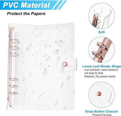 PATIKIL A5 Clear Binder Cover, 2Pcs Soft PVC Loose Leaf Binder Protector Refillable Notebook Shell with Snap Button Closure 6 Ring for DIY Meeting Notebook Folder, Rose Gold