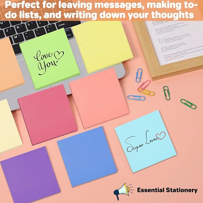 (9 Pack) Sticky Notes 3x3 Inches Colorful Sticky Notes，Super Sticking Power Bright Colors Self-Stick Pads，Easy to Post for School Supplies and Office Products，56 Sheets/Pad,504Sheets