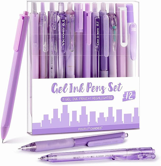 Four Candies 12Pack Pastel Gel Ink Pen Set, 11 Pack Black Ink Pens with 1Pack Highlighter for Writing, Retractable 0.5mm Fine Point Cute Note Taking Pens for School Office (Purple)