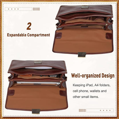 Banuce Slim Vintage Full Grain Italian Leather Briefcase for Men with Lock 14 Inch Laptop Bag Business Work Bags Attache Case Brown