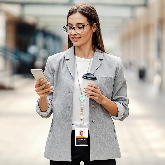 Colorful ID Badge Holder with Silicone Beads Lanyard Set,Cute Teacher Breakaway Lanyard for Keys & Keychain with Cute Retractable Badge Reel Holder,Gift for Women,Nurse, Teacher. (X)