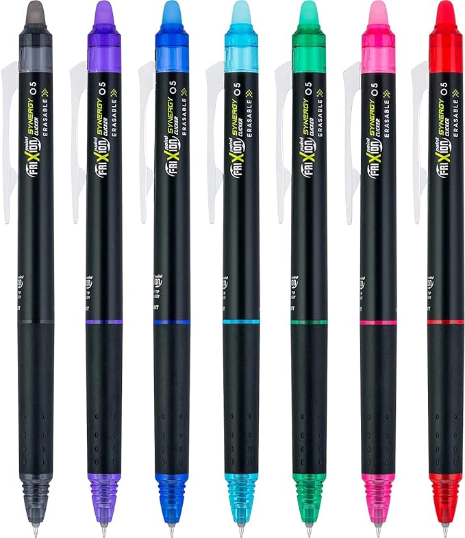 Pilot, FriXion Synergy Clicker Erasable, Refillable, Retractable Gel Ink Pens, Extra Fine Point 0.5 mm, Pack of 7, Assorted Colors