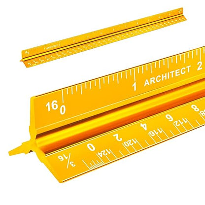 Architectural Scale Ruler, Imperial Measurements 12'', Laser-Etched Aluminum Architect Triangular Ruler Gold for Architects, Students, Draftsman, and Engineers by mveohos
