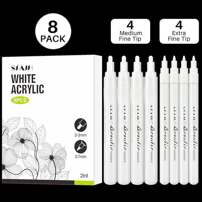 SFAIH White Paint Markers Paint Pens - 8 Pack Acrylic Permanent Marker for Rock Painting, Wood, Metal, Fabric, Plastic, Canvas, Glass, Ceramic, Art Projects, 2-3MM Medium Tip & 0.7mm Extra Fine Tip