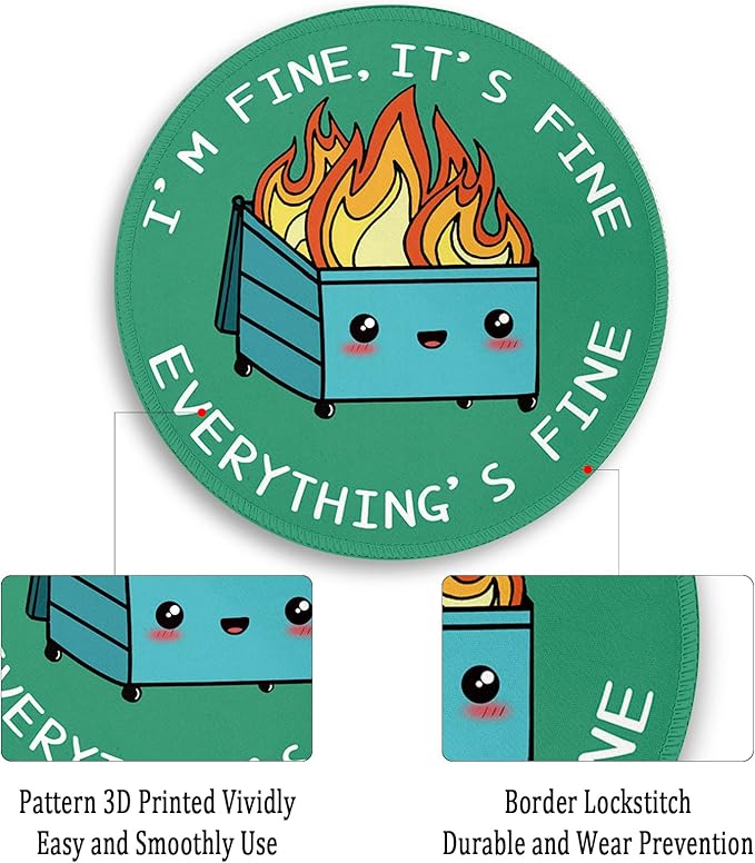 Funny Dumpster on Fire Round Mouse Pads for Desk, Cute Mousepad for Laptop Gaming Women, with Stitched Edge Non-Slip Rubber Base, Funny Green Home Office Decor Desk Accessories Cute Office Supplies