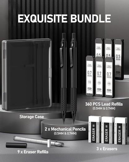 Four Candies 2PCS Metal Mechanical Pencils Set with Case, 0.5mm & 0.7 mm Artist Pencil with 6 Tubes (360PCS) HB Lead Refills, 3 Erasers,9 Eraser Refills For Writing Drafting, Drawing, Black
