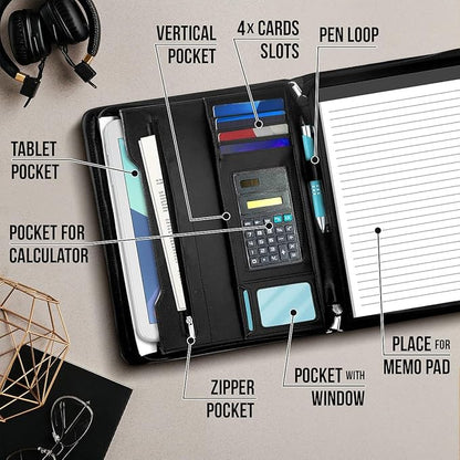 Premium Leather Portfolio Folder Set, Professional Padfolio for Women & Men, Textured Synthetic Leather, Zippered Business Binder, Clipboard, Legal Pad, A4 Notepad Holder,Interviews, Meetings