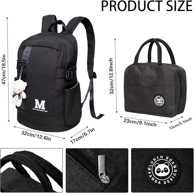 Boys and Girls Insulated Lunch Bag Set Backpack, Youth School Backpack, Children's Backpack, Laptop Backpack (Black)