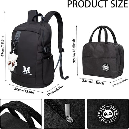 Boys and Girls Insulated Lunch Bag Set Backpack, Youth School Backpack, Children's Backpack, Laptop Backpack (Black)