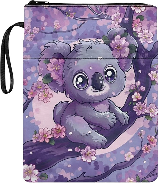 COEQINE Cute Book Covers for Paperbacks Purple Flower Girls Book Cover Pouch with Cute Animal Koala Pattern Book Sleeves with Zipper 9x11 Inch
