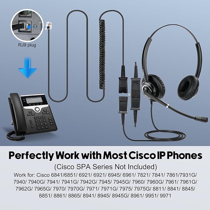 MKJ Telephone Headset with Microphone Noise Canceling Corded RJ9 Dual Ear Cisco Headset for Cisco Landline Phone CP-7821 CP-7841 7931G 7940 7942G 7945G 7960 7962G 7965G 7970 8841 8865 8961 9951