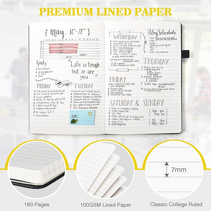 Lined Journal Notebook, 3 Pack A5 College Ruled Notebooks for Work, Hardcover Notebook Each with 2 Pockets & Pen, Leather Journal for Women, Men, 160 Pages, 100GSM Thick Paper (Multi-Colors 5.7"x8.3")