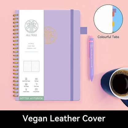 Spiral Dot Grid Notebook Journal, Dotted Paper Notebook, Leather Hardcover Spiral Notebook, ALLTREE Twin Wire Spiral Bound Notebook with Pen Loop, Pocket, Stickers, 160 Pages, Journal for Women & Men, Purple(6"x8.5")