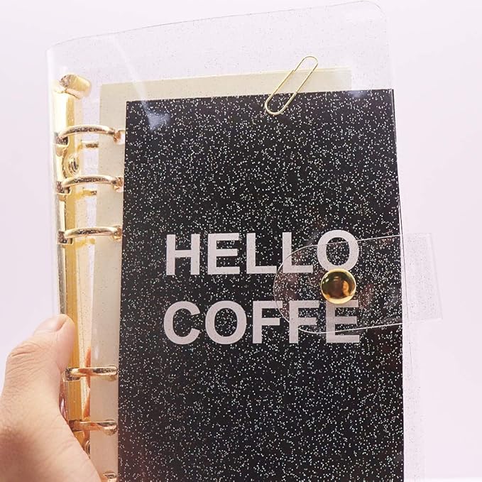 Glitter Powder PVC Binder Cover 6 Round Ring Binders Snap Button Closure Loose Leaf Folders Refillable Soft PVC Notebook Shell Protector (Gold 6 Rings, A6 Binder)