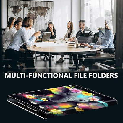 PU Leather Padfolio Folder Clipboard Portfolios Organizer Conference Document Organizer with Business Card Holder Storage Clipboard Writing Pad,Elephant with Flowers