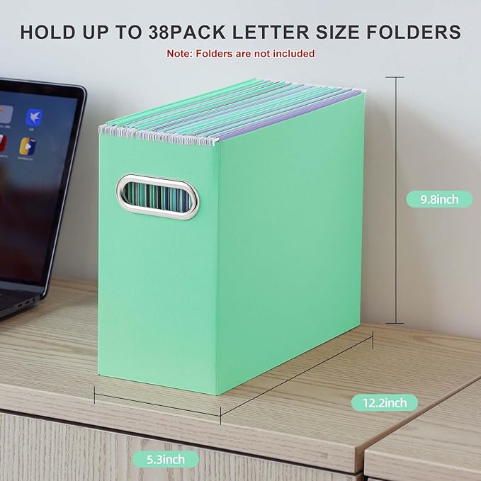 Oterri File Organizer, Small Storage Box, Cardboard File Folder Organizer, Collapsible File Box, Hanging File Organizer for Letter Size, Portable File Box with Handle, Only Box (Mint Green,2 Packs)