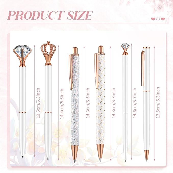 6 Pcs Ballpoint Pens Set Metal Crystal Diamond Pen for Journaling Glitter Pretty Cute Stationery Black Ink Fancy Gifts for Women Girls Teacher Office Wedding School Supplies(White)