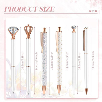 6 Pcs Ballpoint Pens Set Metal Crystal Diamond Pen for Journaling Glitter Pretty Cute Stationery Black Ink Fancy Gifts for Women Girls Teacher Office Wedding School Supplies(White)