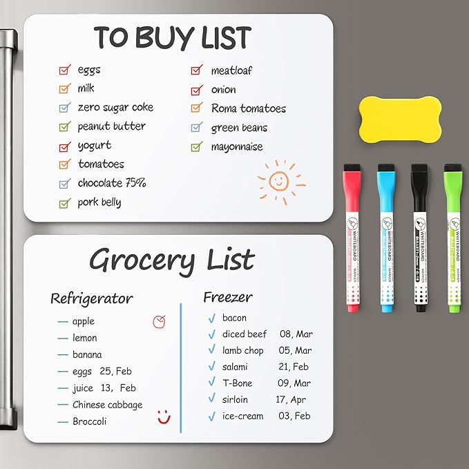 2 Pack Magnetic Dry Erase Board Sheet for Fridge, 12"x8" Erasable Refrigerator WhiteBoard w/ 4 Markers & 1 Eraser- Smooth and Flexible Small Magnet Blank Notepad for Home Kitchen Organizer and Planner